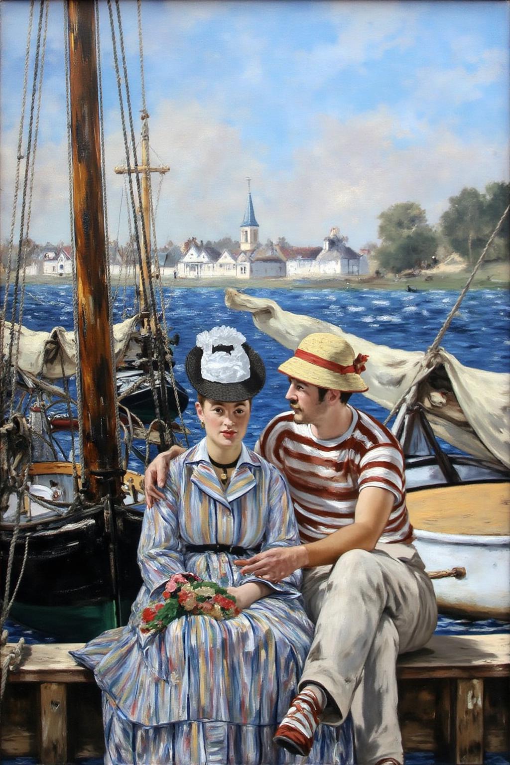 edmanet1 painting. 
The scene is set on a wooden dock, with a sailboat and a small village visible in the distance, featuring white buildings with red-tiled roofs and a church steeple.  In the foreground sits a man and a woman.  The man is wearing a t-shirt with red and white sripes and a hat.  The woman is wearing a leisure dress and a wide-brimmed hat.  A calm sea, is in the background. <lora:edmanet1_cap_d6a3e13:1.0><lora:834764187461872892:0>