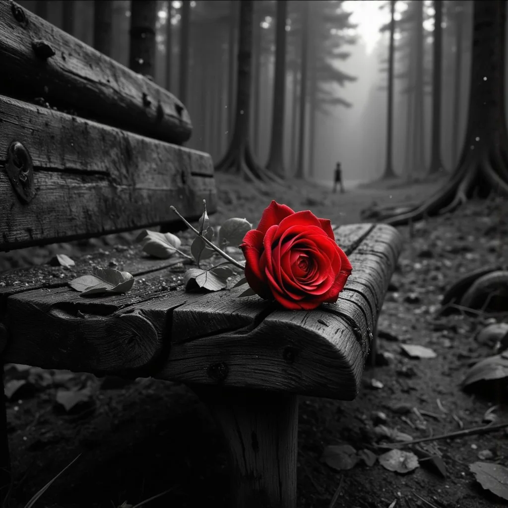 black and white picture of an old wooden bench, on the bench there is a strongly colored red rose, background, wet rainy forest, at night, hd