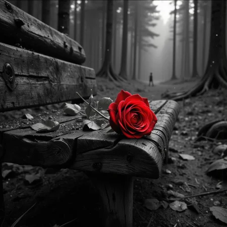 black and white picture of an old wooden bench, on the bench there is a strongly colored red rose, background, wet rainy forest, at night, hd