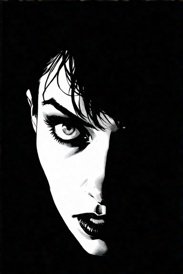 Intense close-up from a slightly low angle: a woman arches her back dramatically, wide eyes piercing the shadows of a gritty noir room. Masterful Frank Miller Sin City style: extreme high-contrast black and white chiaroscuro, harsh graphic novel linework. Tense atmosphere crackles as stark light sculpts her form against oppressive darkness, focusing on her captivating, raw gaze.