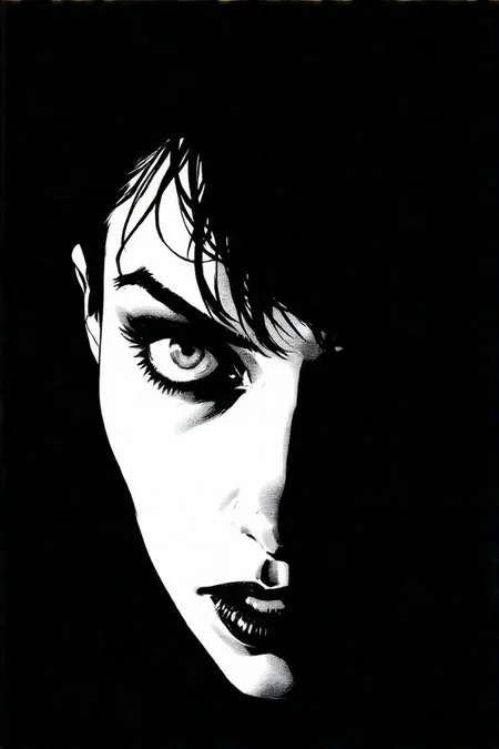 Intense close-up from a slightly low angle: a woman arches her back dramatically, wide eyes piercing the shadows of a gritty noir room. Masterful Frank Miller Sin City style: extreme high-contrast black and white chiaroscuro, harsh graphic novel linework. Tense atmosphere crackles as stark light sculpts her form against oppressive darkness, focusing on her captivating, raw gaze.