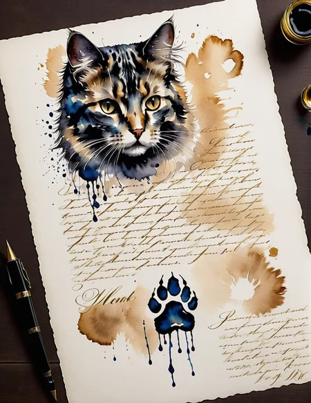 the cat's mischief<lora:SDXLInkStainsFinal:1> Inkstains, high quality, beautiful, highly detailed, 8k, (pawprint:1.3), cat prints across a letter