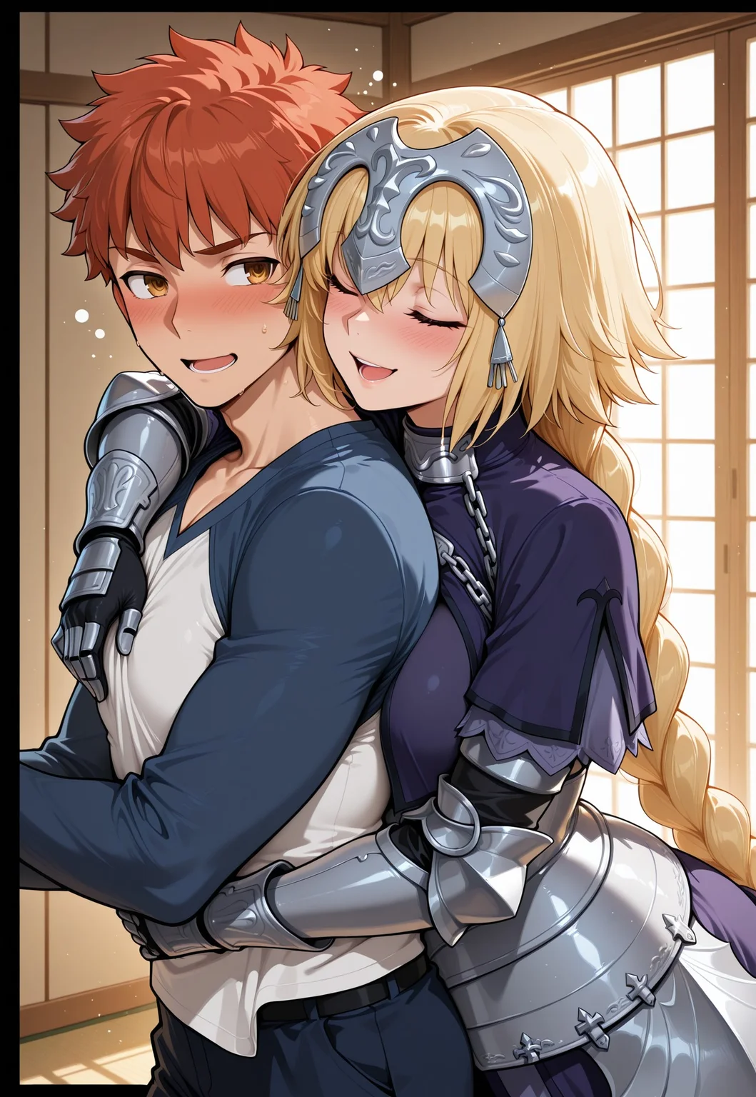 safe_pos, (masterpiece), (best quality), amazing quality, (very aesthetic), light particles, scenery, ultra detailed, score_9,score_8_up,score_7_up, BREAK, 1boy emiya shirou \(fate\), jeanne d'arc \(ruler\) \(fate\), armored dress, dress, femdom, drunk, hug from behind, hug, smile, closed eyes, open mouth, blush, indoors, (role reversal), (seductive), couple, seductive smile, naughty face, ,masterpiece,best quality,amazing quality, absurdres, perfect_anatomy, intricate eyes, anatomically_correct_body, extremely detailed eyes, (expressive eyes) , beautiful eyes, perfect eyes, extremely detailed skin, (heavy lines, black outline), high score, great score, year2024, year2023, ultra high resolution, 4k, UHD, HD, (nyantcha:0.5), (detailed background),