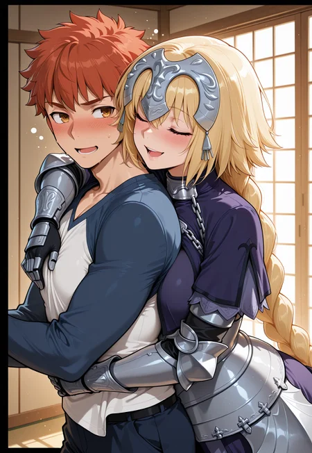 safe_pos, (masterpiece), (best quality), amazing quality, (very aesthetic), light particles, scenery, ultra detailed, score_9,score_8_up,score_7_up, BREAK, 1boy emiya shirou \(fate\), jeanne d'arc \(ruler\) \(fate\), armored dress, dress, femdom, drunk, hug from behind, hug, smile, closed eyes, open mouth, blush, indoors, (role reversal), (seductive), couple, seductive smile, naughty face, ,masterpiece,best quality,amazing quality, absurdres, perfect_anatomy, intricate eyes, anatomically_correct_body, extremely detailed eyes, (expressive eyes) , beautiful eyes, perfect eyes, extremely detailed skin, (heavy lines, black outline), high score, great score, year2024, year2023, ultra high resolution, 4k, UHD, HD, (nyantcha:0.5), (detailed background),