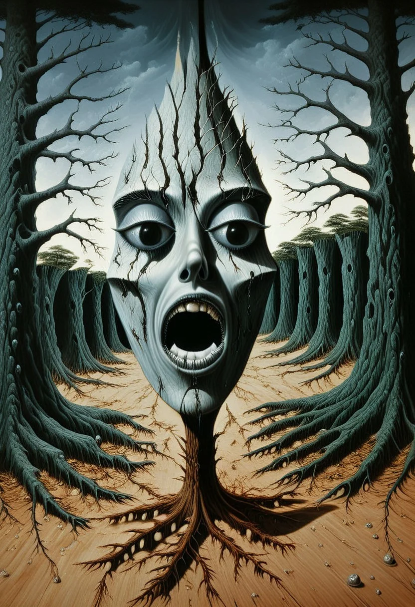 Forest Dryad Scream
A surreal woman mid-scream, her head morphing into gnarled tree roots, bark textures growing from her scalp, forest shadows surrounding her, expression of primal fear or transformation, dark fairytale horror aesthetic, storybook surrealism, pines and needles, pines, needles, an untamed masterpiece waiting to sprout