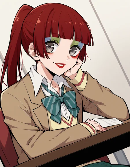 score_9, score_8_up, score_7_up, source_anime, <lora:n-arisugawa-oc-ponyxl-lora-nochekaiser:1>, n-arisugawa, long hair, red hair, bangs, blunt bangs, hime cut, grey eyes,, ponytail, makeup, lipstick, skirt, long sleeves, school uniform, jacket, miniskirt, green skirt, blazer, brown blazer, sweater vest, yellow sweater vest, bowtie, green bowtie, striped bowtie, collared shirt,, indoors, smile, looking at viewer, solo, sitting, head rest, table,, cowboy shot, dutch angle