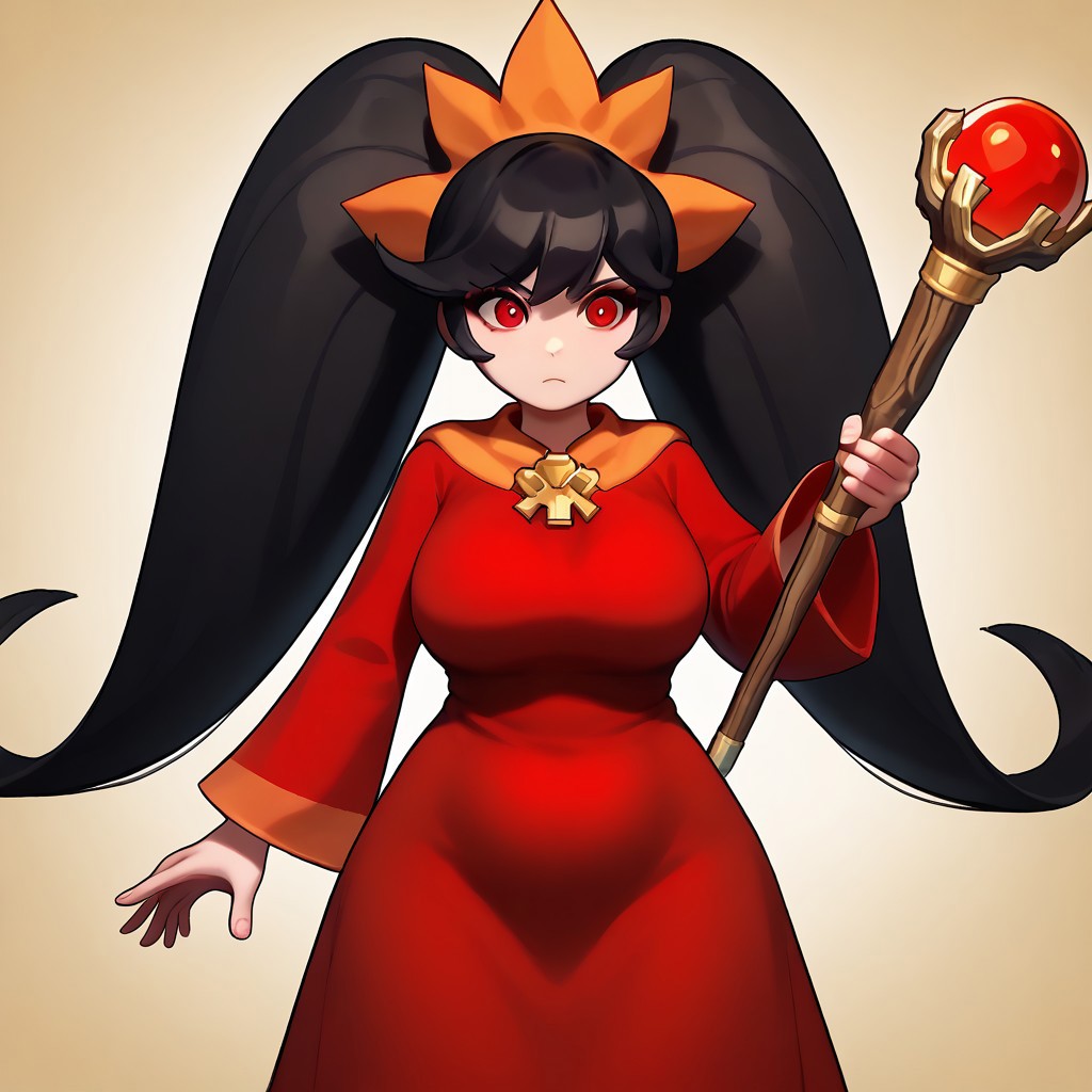 (masterpiece, best quality, pretty face, gloom, obscure background, ominous, anime, staff, cartoony), absurdres, high resolution, highres, highly rated, AddNet Weight 1: 0.6, score_9, (((1girl, unbothered))) ,((ashleywario, unique pose, 1girl, twintails, red eyes, long hair, black hair, dress, orange hairband, red dress, big hair, hairband)), ((fullbody, wide hips, alone, solo, saggy, dynamic, unique, boobs, red eyes, plump, haunted mansion, neutral, fullbody, big breasts, fat, mature))