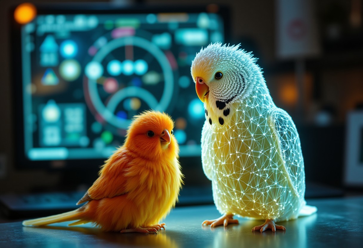 Ultrarealistic Hologram of a beautiful budgie bird with intricate patterns. In front of the HUD sits a cute orange canary bird