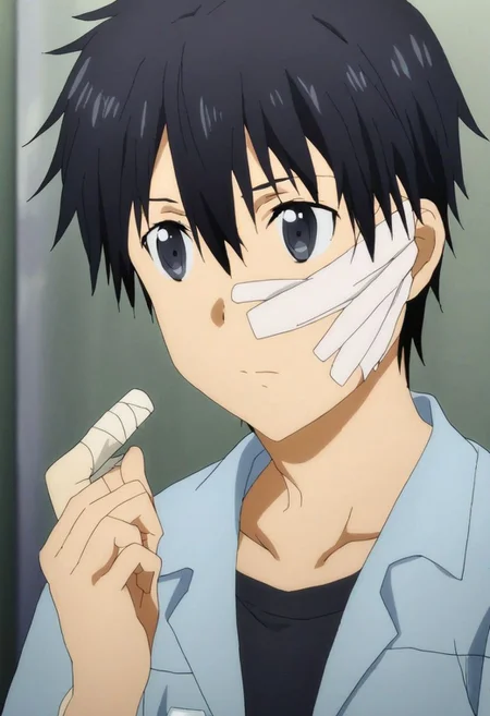 high resolution, solo, best quality, 1Boy, Kazuto Kirigaya, Black Hair, Black Eyes, bandage, patient, hospital, OverallDetail