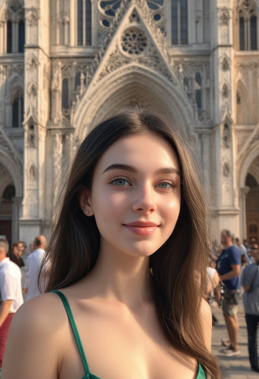 18yo girl posing for pic in front of tall bright cathedral. Joyous Wedding event background. Bride and groom leaving the cathedral in the background. Lots of people cheering in the background.
Blue eyes. small perfecteyes 
Wearing a satin green sundress and a large straw hat
no makeup. Clear skin.  realistic skin style
Long dark black slick back hair. No makeup. Cheerful morning , bright sun light. Looking at camera POV. Slight smile, tilting head.. Tilt head.
(full body:1.5). Bokeh. Bokeh light.