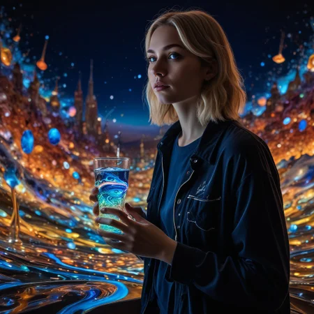 t-shirt, night, blonde hair, girl , RAW, photo, source_photo, highly quality, 8k, she stand at a small stage floor, overlooking an infinite cosmic rave., BREAK, The floating alien island beneath the stage is dotted with glowing star crystals that shimmer in different colors. Her eyes look contemplative as she sips a vibrant cosmic drink, colorful liquid matching her luminous jewelry. The view of stars and swirling galaxies and light trails in the background gives a dreamy feel to this moment. BREAK, glow circuit patterns, style of Light painting, eye focus, gloves, glowing eyes,blacklight makeup, black light paint, blp, made out of,colorful,liquid,Murano Art Glass