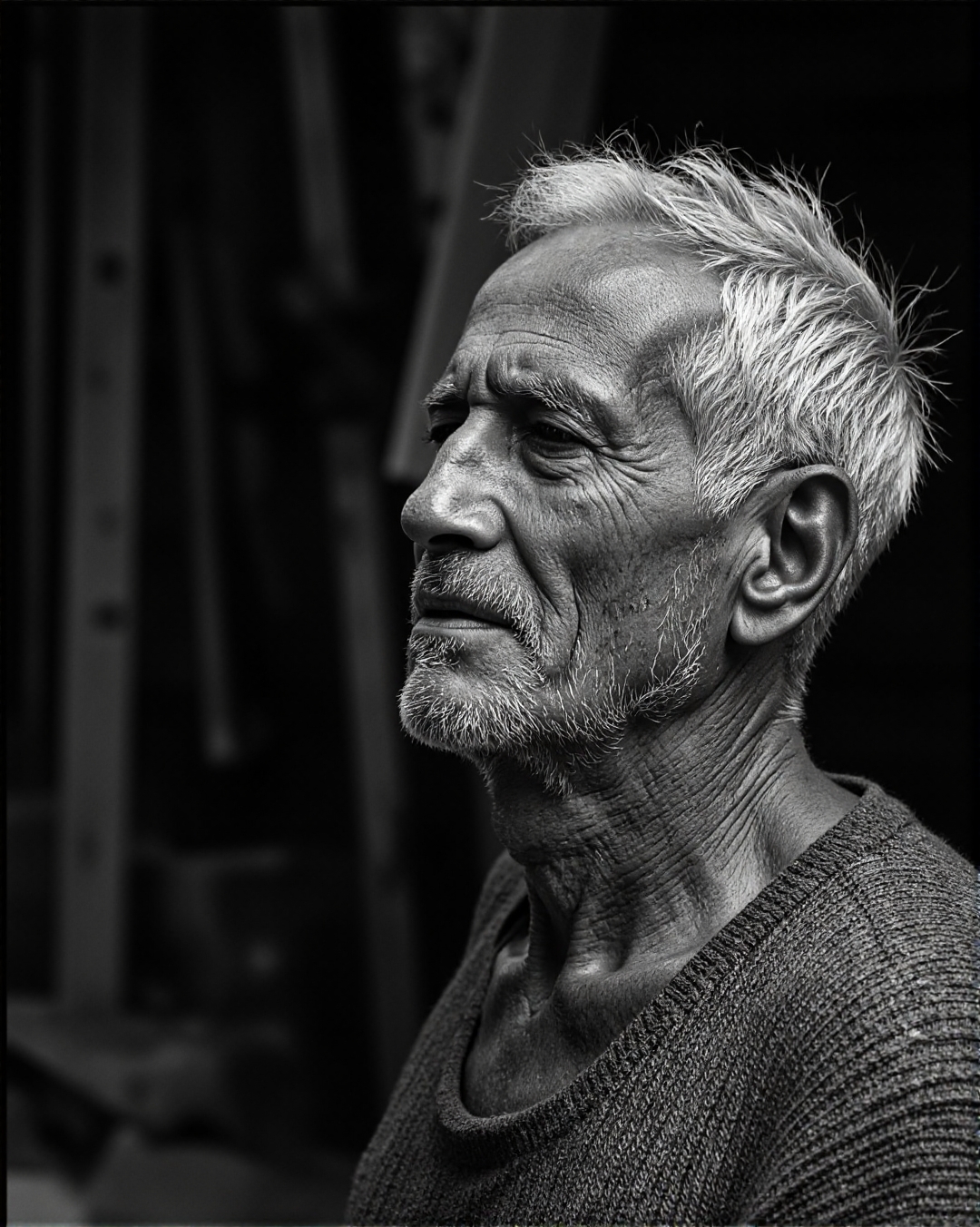 black and white photograph capturing a close-up profile of an elderly man with a deeply textured, weathered face. The image focuses on his right side, showcasing his closed eyes and a serene expression. His skin is wrinkled and lined, with a few visible age spots, suggesting a life of hard work and exposure to the elements. A patch of white, sparse hair can be seen on his head, and a small, neatly trimmed beard frames his mouth. The man wears a textured, possibly woolen, collarless shirt, with visible fabric texture adding to the tactile feel of the image. The background is dark and out of focus, drawing attention solely to the man’s face and the play of light and shadow across his features. The lighting is soft, casting gentle highlights and shadows that accentuate the contours and textures of his face, highlighting the creases and folds. The photograph is a close-up, emphasizing the man’s facial expressions and the depth of his character. The overall mood is contemplative and serene, capturing the quiet dignity of old age., aidmaimageupgrader