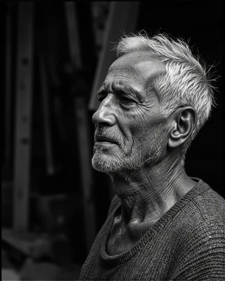 black and white photograph capturing a close-up profile of an elderly man with a deeply textured, weathered face. The image focuses on his right side, showcasing his closed eyes and a serene expression. His skin is wrinkled and lined, with a few visible age spots, suggesting a life of hard work and exposure to the elements. A patch of white, sparse hair can be seen on his head, and a small, neatly trimmed beard frames his mouth. The man wears a textured, possibly woolen, collarless shirt, with visible fabric texture adding to the tactile feel of the image. The background is dark and out of focus, drawing attention solely to the man’s face and the play of light and shadow across his features. The lighting is soft, casting gentle highlights and shadows that accentuate the contours and textures of his face, highlighting the creases and folds. The photograph is a close-up, emphasizing the man’s facial expressions and the depth of his character. The overall mood is contemplative and serene, capturing the quiet dignity of old age., aidmaimageupgrader