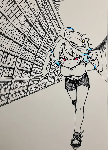 (hatching:1.4), (multicolored_hair:1.2)r, gradient hatching background, masterpiece, best quality, very aesthetic, hi res, 1girl, limited colors, [black_background:grey_background:28], , i-58_(kancolle),Street level shot,Overlapping Perspective,in a cosmic library,flirting to viewers,Running,  solo, (dynamic comparison:1.3), looking_at_viewer, breasts, outline, , i-58_(kancolle),Street level shot,Overlapping Perspective,in a cosmic library,flirting to viewers,Running