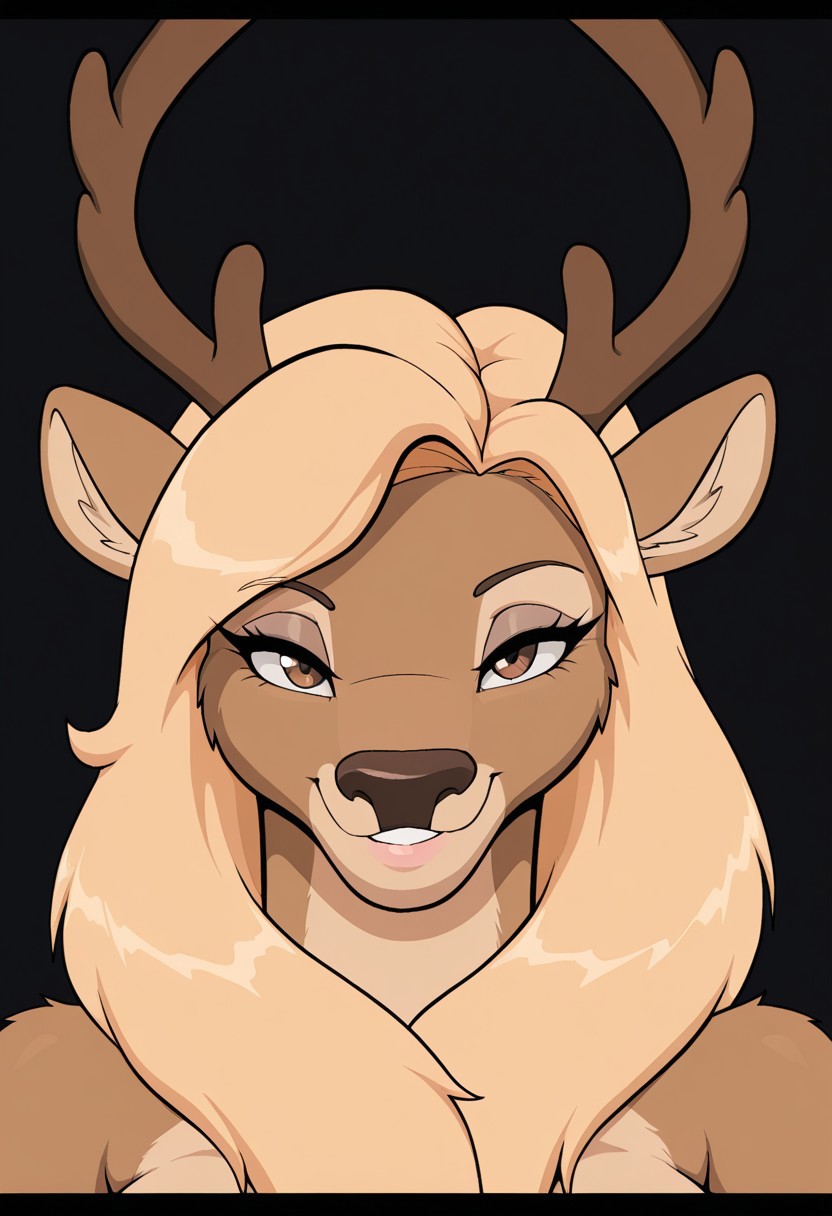 art_style_droll3ill, masterpiece, best quality, amazing quality, high detail, 1girl, solo, anthro reindeer, golden brown body, antlers of reindeer, brown eyes, deer face, BREAK, portrait, looks at the viewer, smiles, blushes, shows the micah sign, white and black background, light brown eyeshadow, medium eyelashes