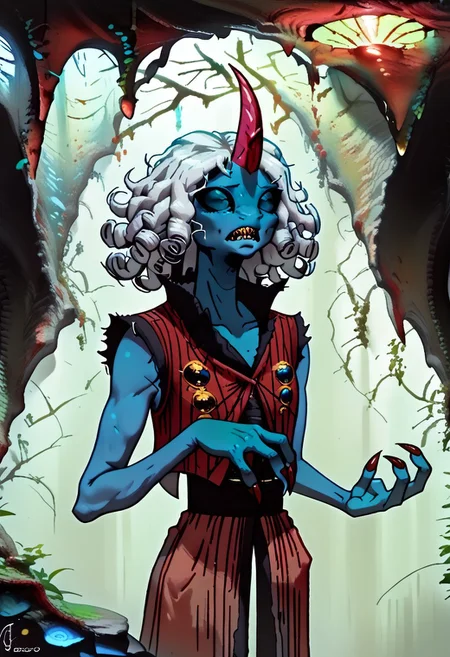 1 person, Kufr, blue skin, single horn, white hair, curly hair, black sclera, red horn, androgynous, ((slim figure, sleek skin)), ((flat nose:1.2, nasal slits)):1.8, 4 fingers, sharp nails, thin lips, sharp teeth, vest, ragged clothing,
Standing, holding up one hand, examining hand,
Close up, front view, variety,
loose clothing, vest,
((cavern background, organic chamber, soft light, moss on ceiling, luminous moss)),
clean lines, smooth colors, sfw, source: semi-realistic, rating: pg, score: 8 up, score: 9