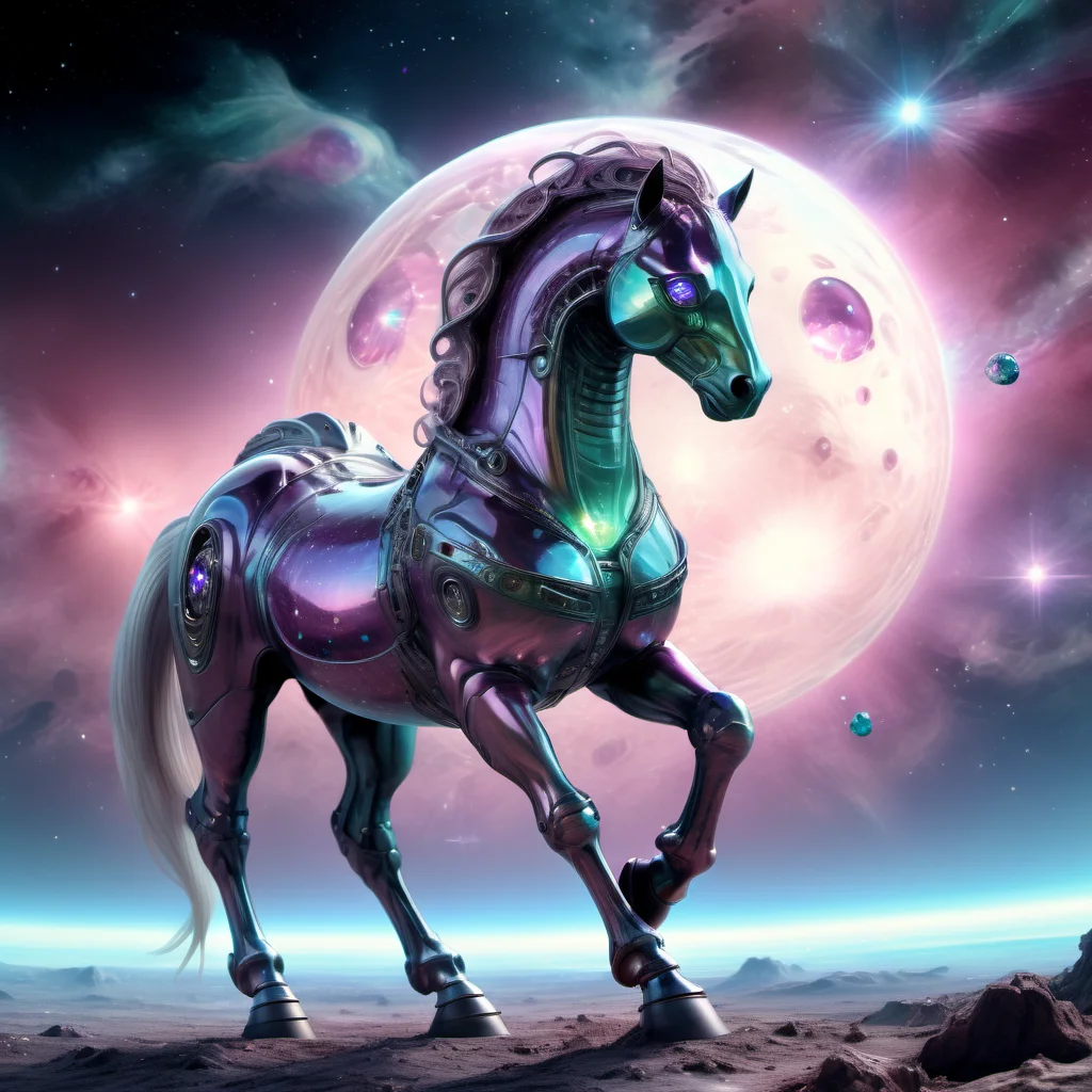 ((best quality)), ((masterpiece)), ((realistic,digital art)), (hyper detailed),DonMC3l3st14l3xpl0r3rsXL Gigantic Prowling Scaled Subdued Equine, Digitigrade Appendages, Multi-Tailed, Tufted-Tailed, Iridescent Skin, , tech, scifi, futuristic , 8K, HDR, <lora:DonMC3l3st14l3xpl0r3rsXL-000007:1>