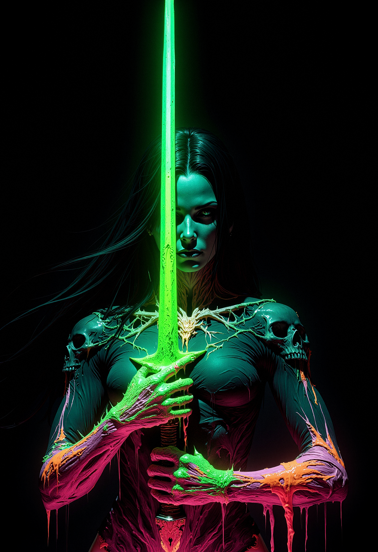 A close-up of a female figure holding a glowing neon green sword. Her skin is a smooth, deep blue tone, while her facial expression is neutral and focused. Her long black hair cascades down her shoulders. Bright, multicolored glowing paint drips from her hand and arm, blending green, pink, orange, and yellow hues, as if melting from her grip. Her left hand firmly grips the sword, which emits a vibrant, intense green light. The sword itself has a glowing texture with neon green liquid-like substance seeping along its length. Her clothes and upper body are covered in a swirling mix of black and neon colors, with dark shadows creeping across her figure, and skeletal faces barely visible within the patterns. Her entire appearance is abstract, with a surreal liquid-like aura around her. The background is solid black, emphasizing the glowing neon colors of the figure and sword.     <lora:dark_fantasy_flux:0.83> <lora:FredFraiStyle-FLUX-Share:0.63> <lora:sxz-Dark-Fantasy-v2-Flux:0.33> drkfnts style,