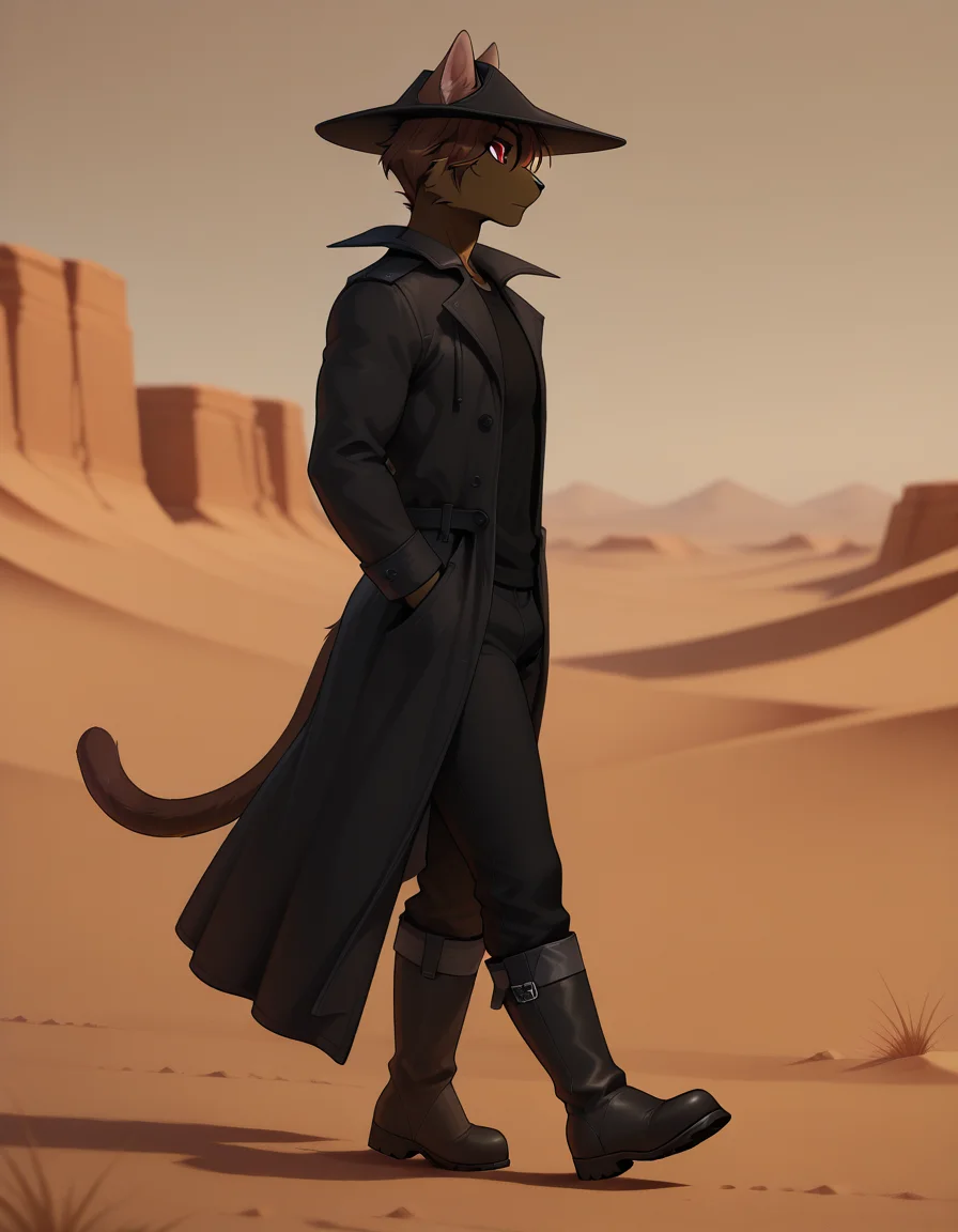 masterpiece, best quality, amazing quality, (carlos_gamerfox:1), ((male focus, 1boy, solo)), male, full body, anthro cat, cat ears, cat tail, from side, hat, red eyes, coat, shirt, boots, pants, ((walking)), desert background, <lora:Illustrious\Carlos-Illustrious.safetensors:1.0:1.0>