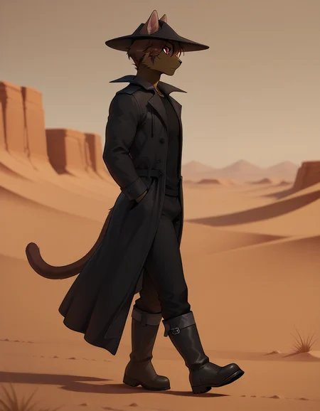 masterpiece, best quality, amazing quality, (carlos_gamerfox:1), ((male focus, 1boy, solo)), male, full body, anthro cat, cat ears, cat tail, from side, hat, red eyes, coat, shirt, boots, pants, ((walking)), desert background, <lora:Illustrious\Carlos-Illustrious.safetensors:1.0:1.0>