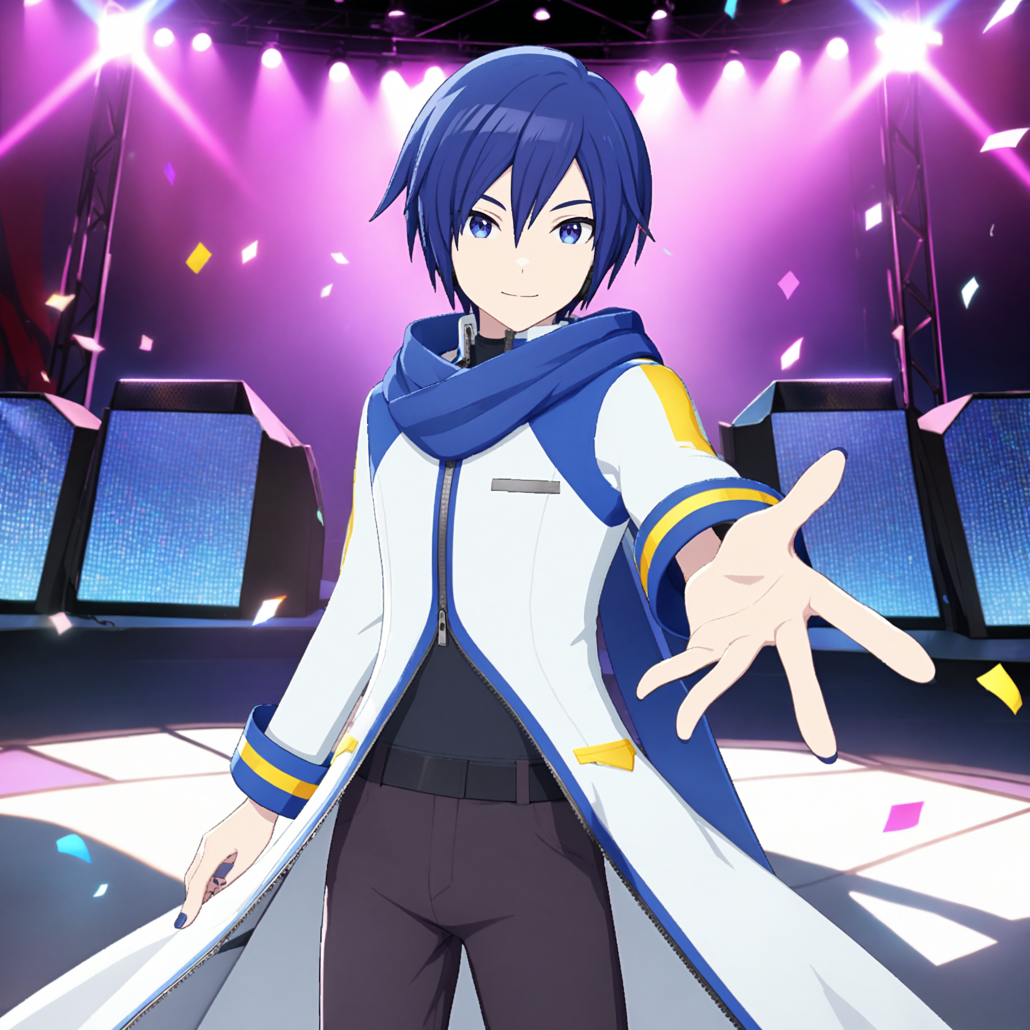 1boy, kaito \(vocaloid\), vocaloid, masterpiece, very aesthetic, absurdres, official art, newest,
default kaito, solo, blue hair, blue eyes, cowboy shot, male focus, (contrapposto:1.2),
(looking at viewer:1.4), reaching towards viewer, smile, BREAK
black headset, white coat, blue scarf, pants, blue nails, zipper, nail polish, grey pants, shirt, zipper pull tab, long sleeves, black shirt, belt, long coat, boots,
show stage, stage light, neon light, confetti-flurry, psyllium, large screen behind, 
 <lora:sdxl-vs-DefaultKaito01:0.8:lbw=0,0,0.2,0.2,0,0.4,0.4,0,0.8,0.8,0,0,0,0.8,0.8,0.6,0.8,0.0,0.0,0.0,0,0,0,0,0,0>