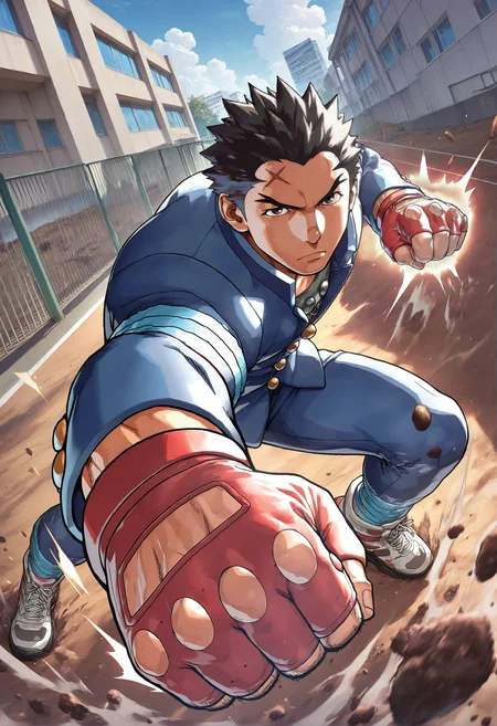 masterpiece, best quality, newest, absurdres, highres, very awa, 1boy, male, male focus, ichimonji batsu, solo, bara, official art, blue jacket, blue pants, school uniform, incoming punch, foreshortening, red gloves, fingerless gloves, outdoors, ground, dirt, school, building, scenery