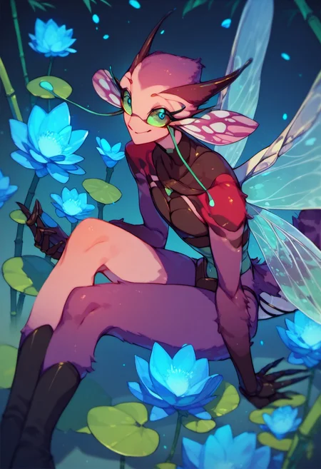 score_9, score_8_up, score_7_up, score_6_up, dark faerie, flying at night, beautiful face with insect eyes, heavy black boots, highly detailed, blue lotus blossom, bamboo, insect wings, monster boy, cyan and magenta, colored skin, soft fur