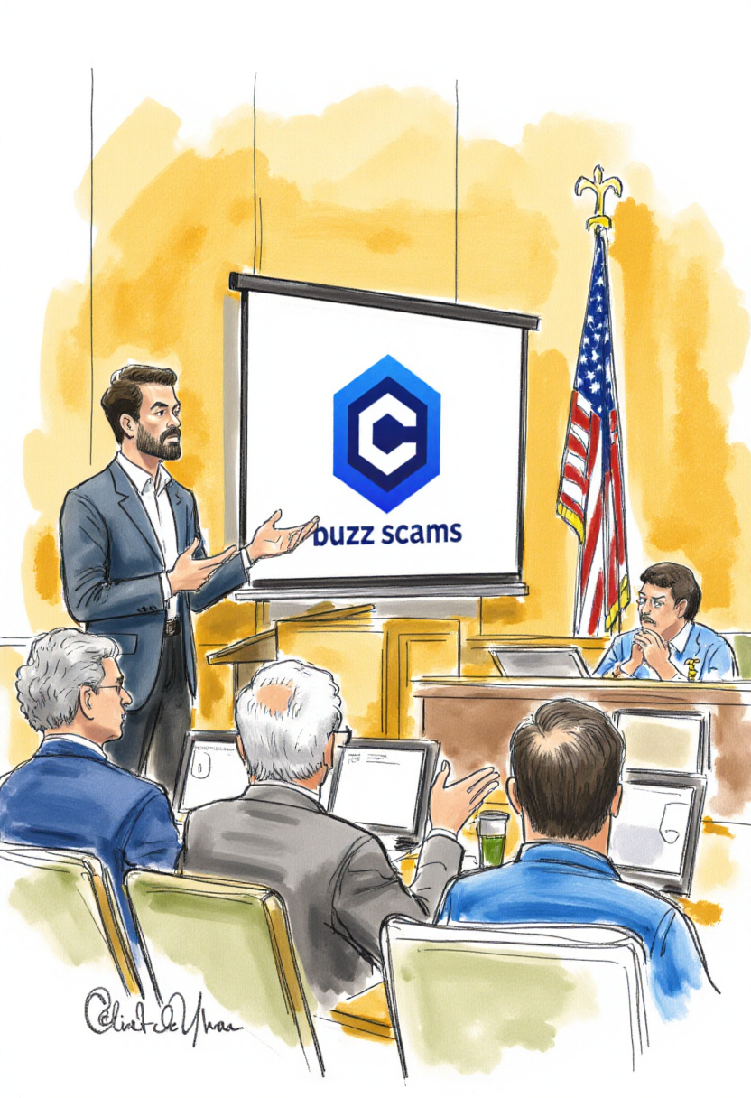 <lora:Courtroom_Sketch_Style_FLUX-000013:0.8> <lora:civitaiLogoFlux:0.9>
This is a detailed, hand-drawn courtroom scene in a sketchy, watercolor style depicting a man giving a presentation in a courtroom with civitaiLogo and text "buzz scams"