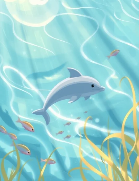 in this beautiful artwork, a cute chibi dolphin is swimming in the sea, surrounded by fish group and sea grass, in the sunlight, beautiful light and shadow of the waves