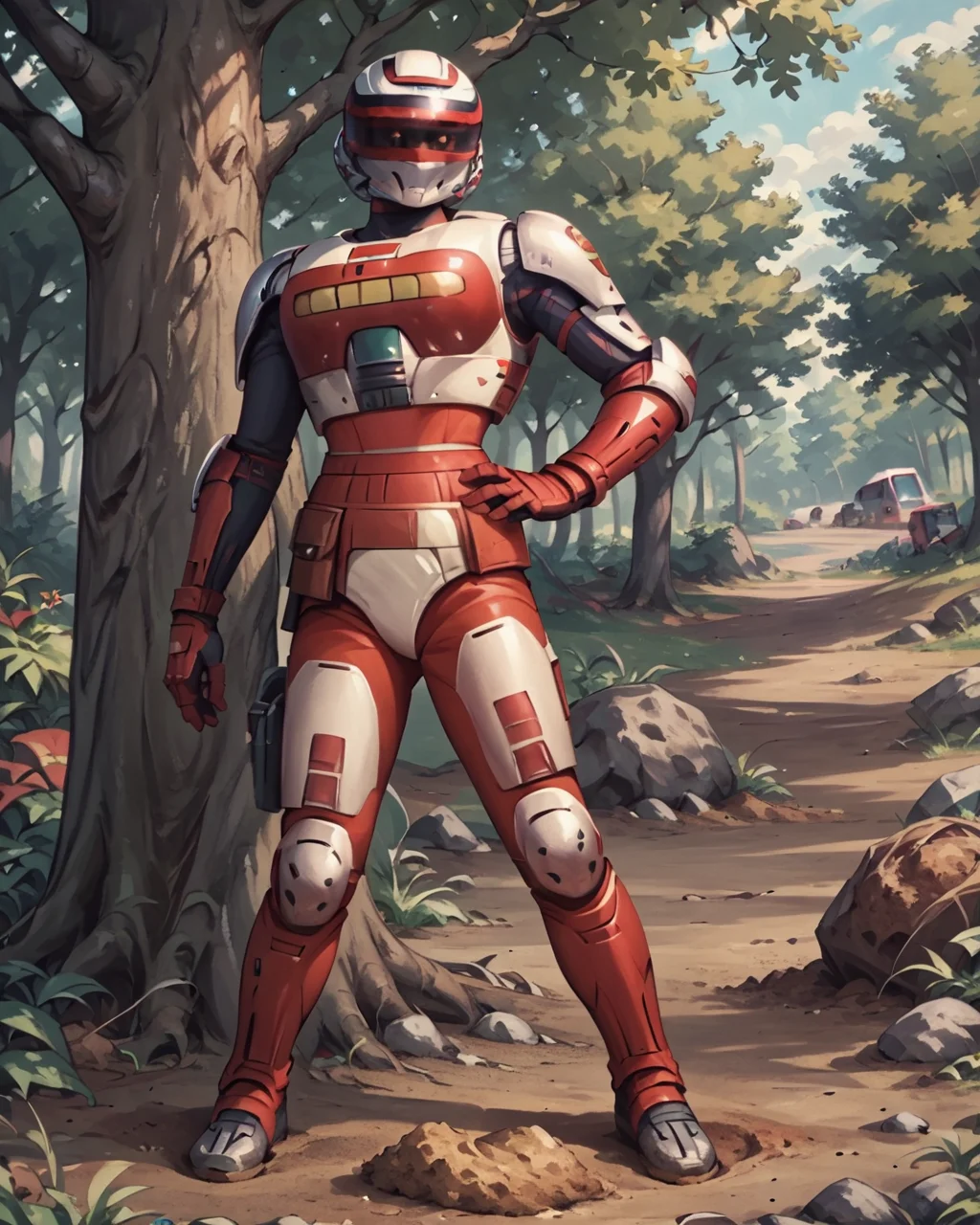 <lora:10_diana_full_2_pdxl-000004:1>, score_9, score_8_up, score_7_up, spielban_diana, cost3, 1girl, solo, diana_lady_suit, standing, legs apart, full body, outdoors, dirt slope, tree, hand on hip, battle armor