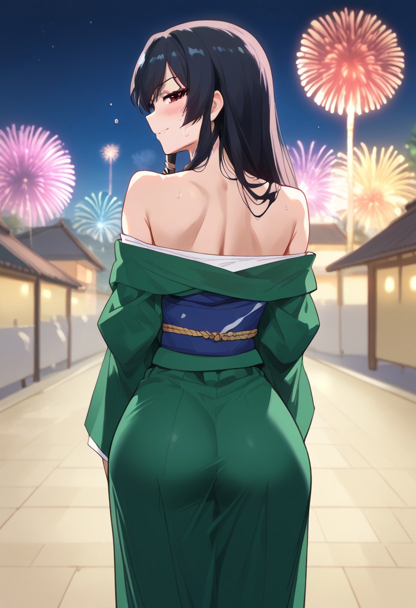 zPDXL3, score_9_up, score_8_up, score_7_up, (Anime_source), 1girl, Yui Kashii, red eyes, black hair, long hair, cowboy shot, looking back, looking at viewer, from behind, off-shoulder kimono, smirk, blush, bare shoulders, rimlight, night, japanese clothes, fireworks, depth of field, sweat, arms at sides