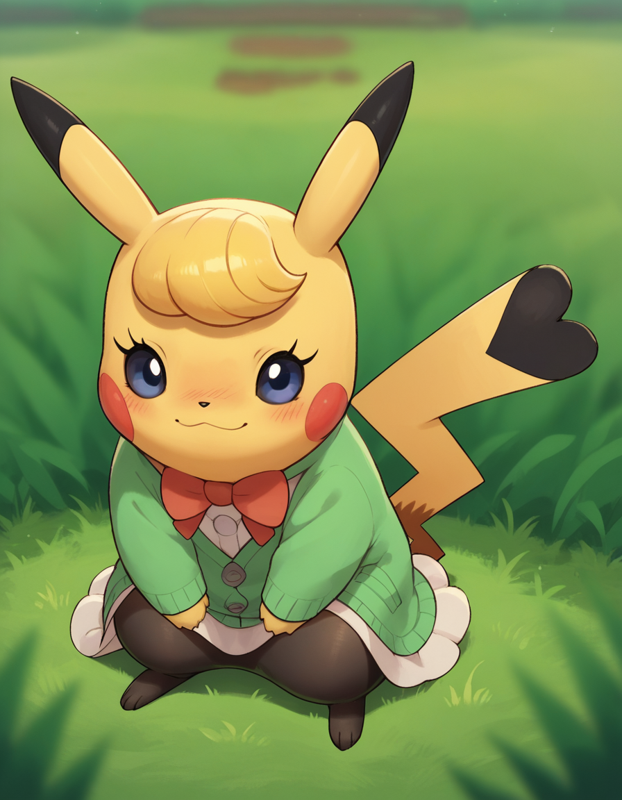 score_9, score_8_up, score_7_up, score_6_up, score_5_up, score_4_up, 1girl, solo, no humans,
clothed pokemon, furry, feral, blush, light smile, looking at viewer,
knit-cardigan, midi-dress, ankle-strap-flats, sheer-pantyhose, blurry background, grass, <lora:Cosplaychu_beta:0.8> cosplay pikachu, pokemon \(creature\), yellow hair, (curly bangs), blue eyes, eyelashes, (black-tipped tail)