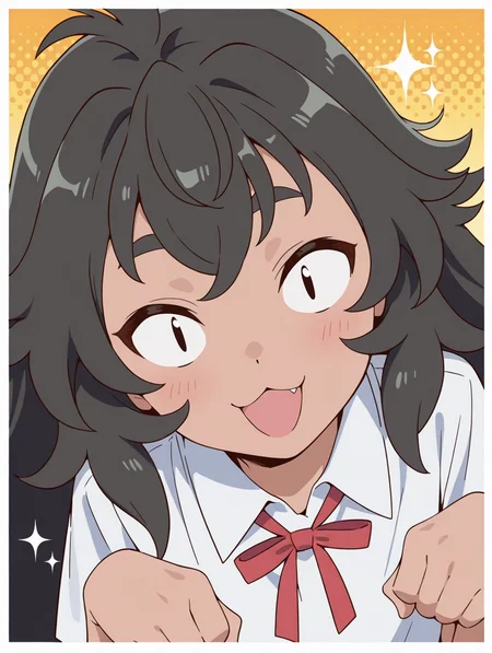 (masterpiece:1.4), (best quality:1.4),  very aesthetic,illustration, newest,best quality, amazing quality, very aesthetic, absurdres,
1girl,kouki_kokoro,, black hair,  long hair, very long hair,messy hair,dark skin
 <lora:kouki_kokoro:1>
<|><|>,:3,:d,paw pose,upper body,looking at viewer,leaning,approaching to viewer,out of frame,hands on chest,sparkle
,simple background,white borders,halftone effect
white shirt, short sleeve, collared shirt, neck ribbon,red ribbon,face focus