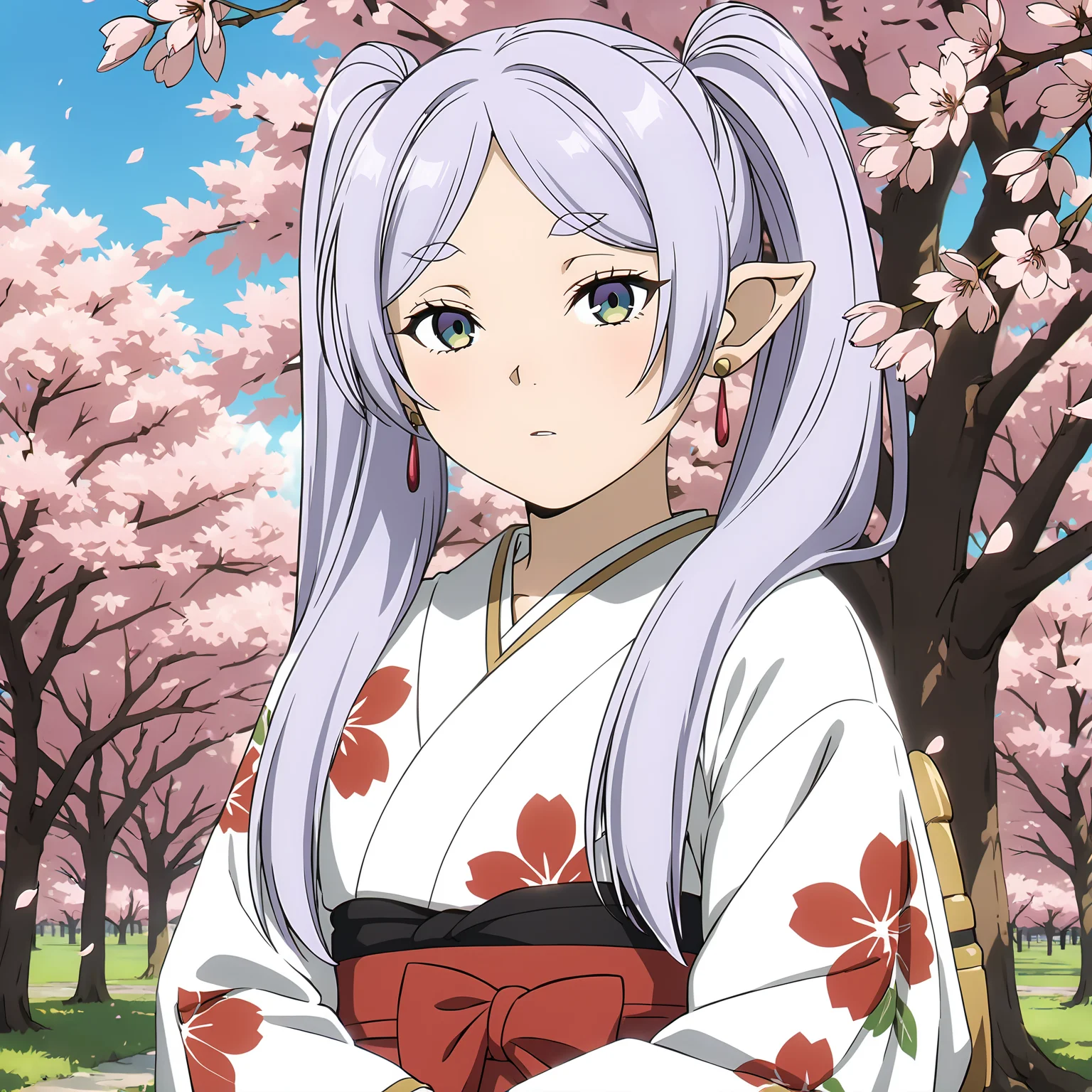 <lora:FrierenXL004>,<lora:DetailedEyes_V3:1.6>,looking at viewer,
solo,
anime screencap,
best quality,masterpiece,
Frieren,1girl,light purple hair,twintails,multicolored eyes,earrings,
cowboy shot,
print_kimono,floral_print,
cherry blossoms,sunbeams,cherry blossom petals,