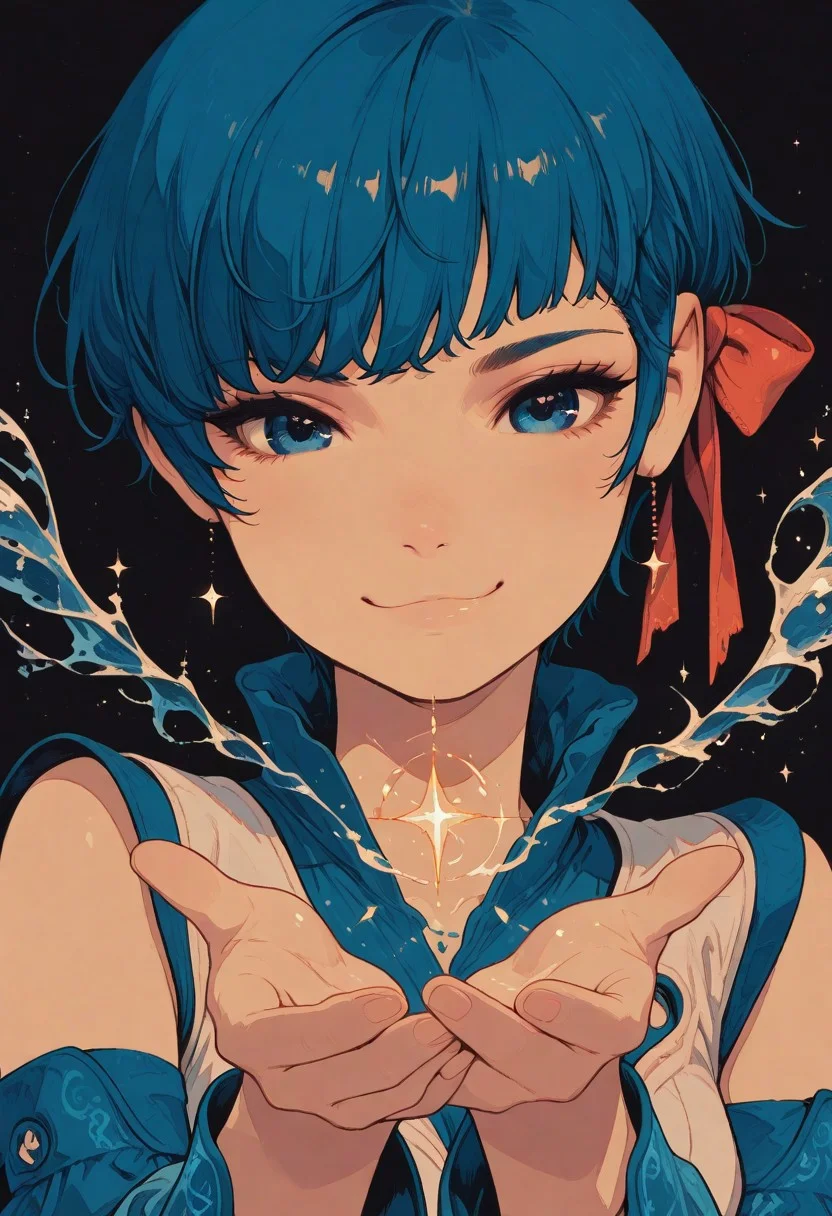 1girl, solo, girl,white sleeveless,detached sleeve,flare sleeve,water magic,(ultra detailed perfect piece:1.2), illustration, masterpiece, (extremely detailed CG 8k), (very fine 8K CG),(blue hair), (pixie cut),blue eyes,redhair ribbon,sparkling, solo, close-up, fantastic world, flat color, no lineart,,(no lineart, flat art style:1.0), NO_LINE_ART,pretty and cute, (chibi), masterpiece, comical, simple, smile, :3
sinozick style, flat color, dark theme, in the style of cksc