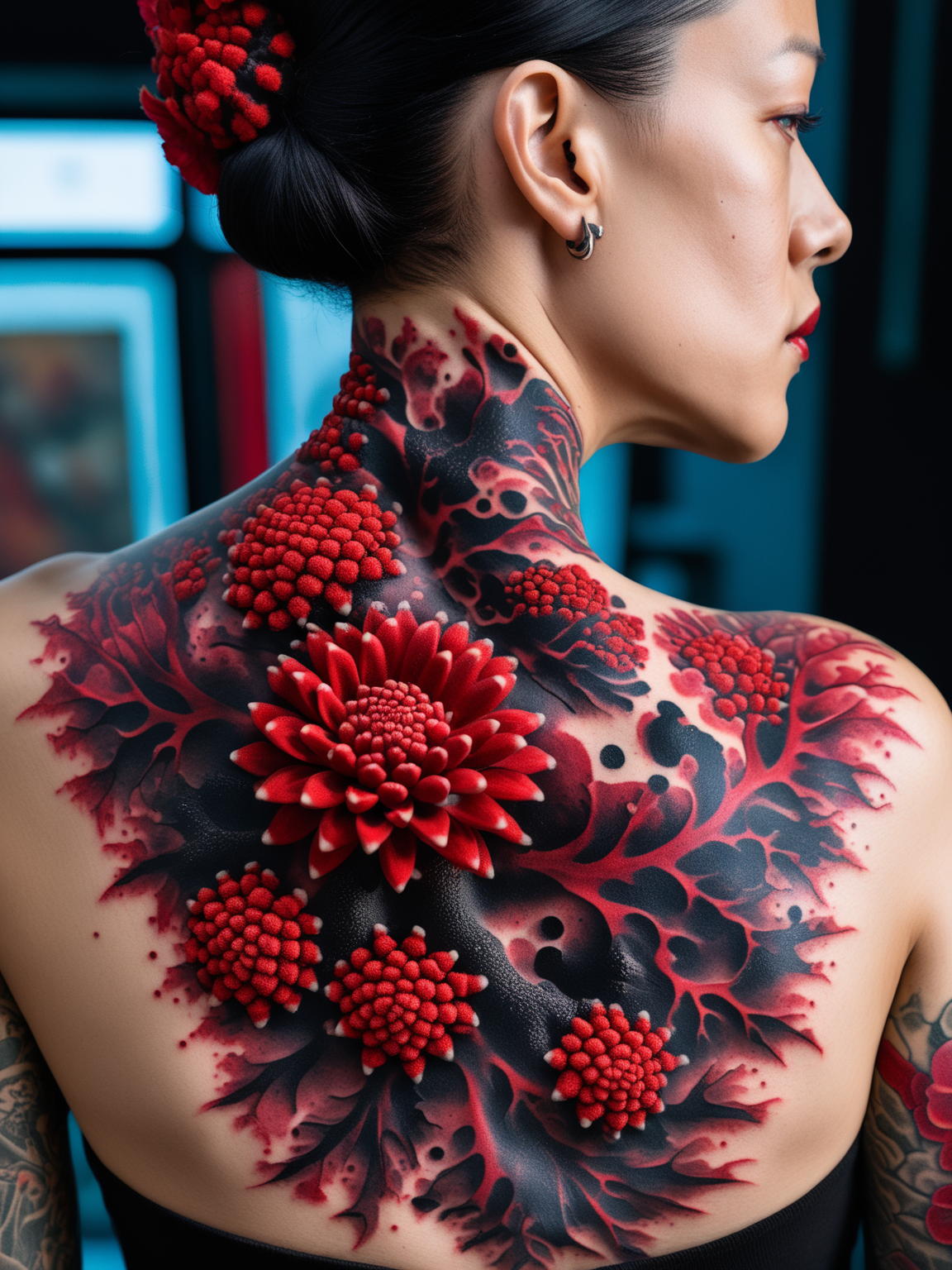 High-quality 8k photography captures the character in a detailed close-up, their red and black tattoo visible on the neck. This tattoo appears almost 3D, with a depth that showcases abstract art inspired by coral structures and carline flowers.
<lora:fractal-art.v1:1>