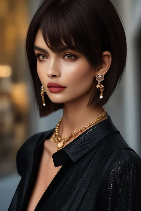 masterpiece, best quality, ultra detailed, perfecteyes eyes, bellissima, 1girl, black collared shirt, brown pants, Armani style, very short hair, black hair, earrings, chain necklace, cowboy_shot