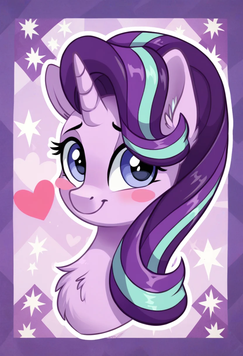 score_9, score_8_up, score_7_up, score_6_up, score_5_up, score_4_up, rating_safe, starlight glimmer, purple skin, purple body, female, mare, pony, solo, unicorn, blushing, bust, chest fluff, cute, fluffy, heart, looking at you, sweet dreams fuel, glimmerbetes, smiling, blush sticker, floating heart, neck fluff, g4, detailed, beautiful, detailed background, <lora:Wholesome-MLP-v1.3b:1>