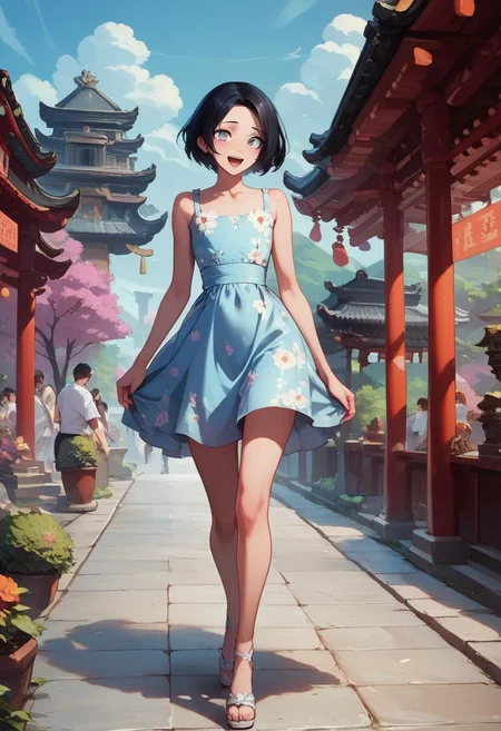 score_9, score_8_up, score_7_up, 1boy, femboy, otoko no ko, short hair, bob cut hair, black hair, grey eyes, gray eyes, feminine face, toned body, Shelly, walking, floral sundress, cute sundress, happy expression, excited, high heels, highly detailed, intricate, zzCitronLegacy, outdoors, Japan, shinto temple, crowded