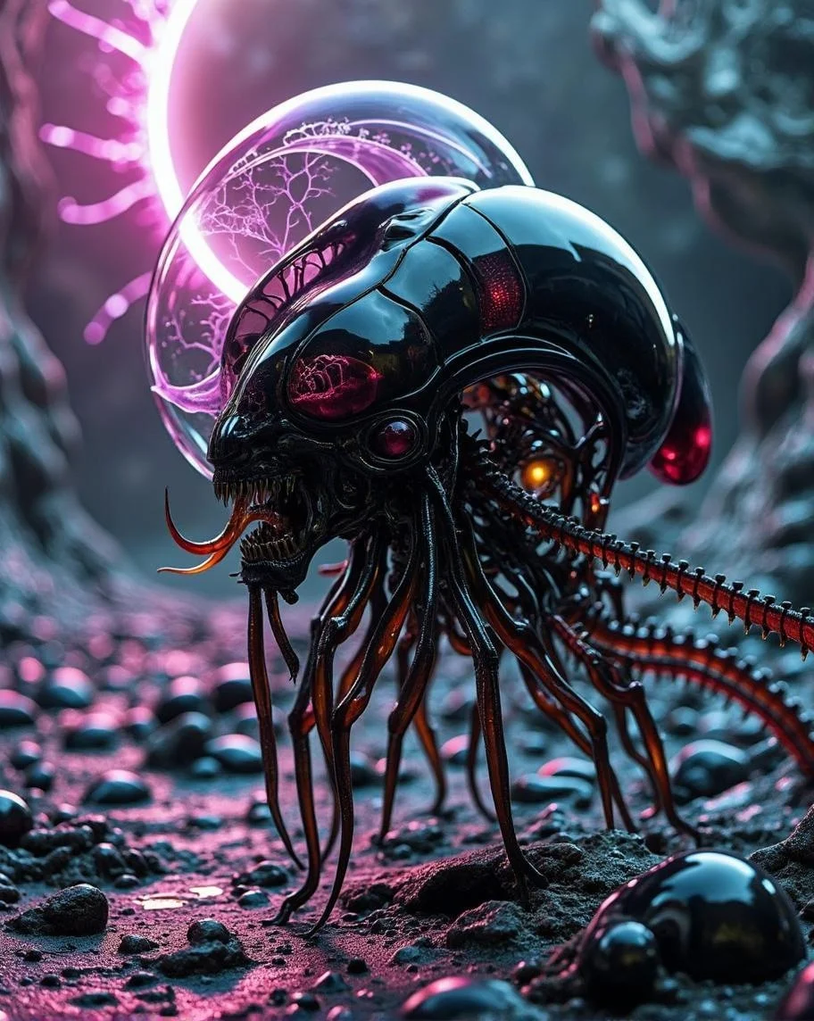 <lora:168C07DADBF648CD292F8B67B084FDA1F6CB23256C7DF00736A7DBCECE5654CB.safetensors:1> gloss-dark
In a surreal, futuristic landscape, a stunning abstraction of a Xenomorph warrior head rises from a sea of geometric forms. The head, a blend of precise cubic architecture and organic alien design, is rendered with sharp, rhythmic patterns that echo the essence of cubic geometry. Each facet is meticulously crafted, with the black and crimson-red mechanisms transformed into intricate, repetitive shapes that interlock seamlessly.
The setting is a vast, otherworldly expanse where light and shadow play a crucial role. A central, volumetric light source, resembling a cosmic sun, radiates from the heart of the scene, casting dramatic, elongated shadows that add depth and scale. Ambient neon hues—vivid pinks, blues, and purples—accent the geometric forms, their glow highlighting the metallic and stone-like textures of the head.
The background is a muted, weathered expanse of grayscale, providing a stark contrast to the luminous accents. The textures are a mix of matte surfaces and reflective neon highlights, creating a striking balance between the tactile and the ethereal. A misty, foggy effect diffuses the light rays, softening the sharp edges and adding a mysterious, dreamlike quality to the scene.
The Xenomorph warrior head, transformed into this abstract, futuristic vision, stands as a testament to the blend of precision and imagination, a high-quality piece that captivates with its cosmic ambiance and artistic finesse.