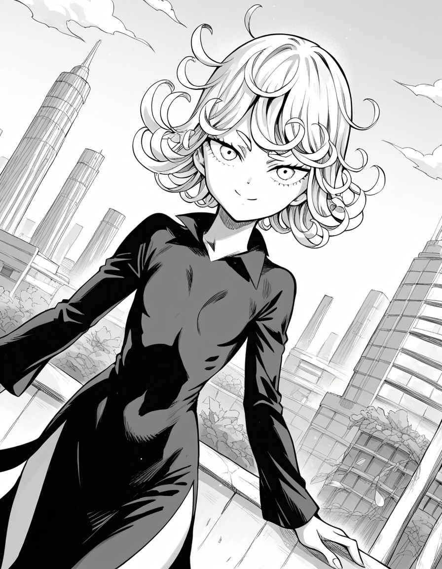 score_9, score_8_up, score_7_up, source_anime,
tatsumaki, <lora:opm-tatsumaki-manga-ponyxl-lora-nochekaiser:1>,
tatsumaki, short hair, curly hair, monochrome, greyscale,
long sleeves, dress,
outdoors, cityscape, smile,
looking at viewer, cowboy shot, solo, dutch angle,