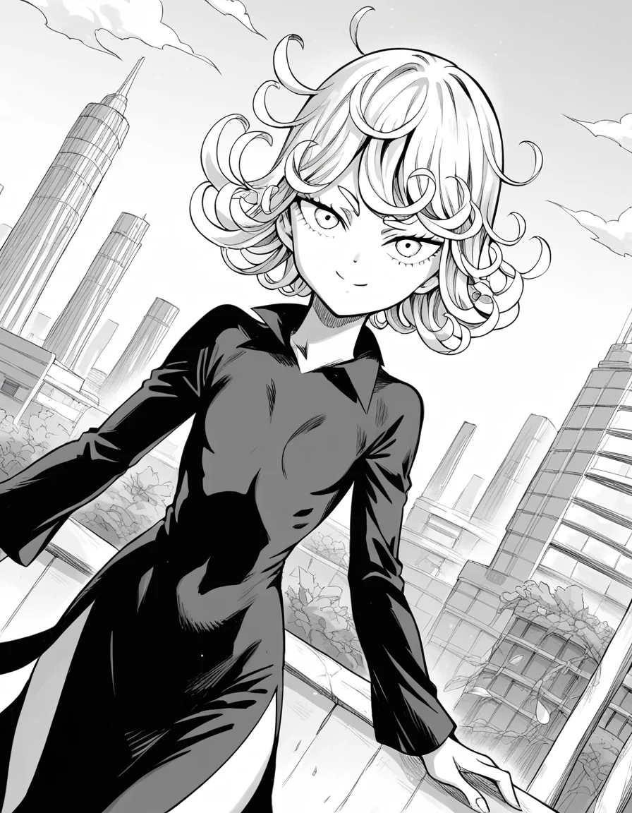 score_9, score_8_up, score_7_up, source_anime,
tatsumaki, <lora:opm-tatsumaki-manga-ponyxl-lora-nochekaiser:1>,
tatsumaki, short hair, curly hair, monochrome, greyscale,
long sleeves, dress,
outdoors, cityscape, smile,
looking at viewer, cowboy shot, solo, dutch angle,