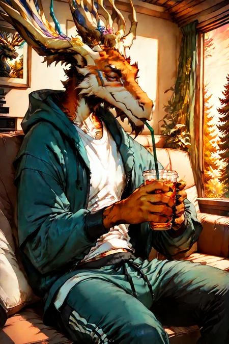 solo, furry, furry male, anthro, anthro moose, anthro xerneas, anthro arceus, anthro tiger, turian, male turian, anthro dragon, eastern dragon, orange fur, white fur, stripes, antlers, horn, soft smile, hooded jacket, t-shirt, sweatpants, forest, futuristic cabin on stilts, high in trees, big windows, living room, sofa, drinking from cup, holding cup, (cup next to mouth:1.1), evening