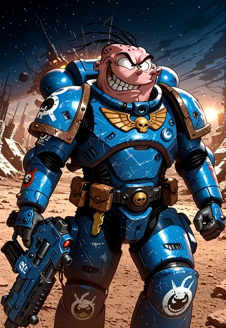 masterpiece, absurdres, highest quality, highly detailed, 1boy, solo, eddyboy, sc4m, no helmet, three hairs, space marine armor, UltraM40k, shooting heavy bolter, grinning, battlefield background, detailed background, 