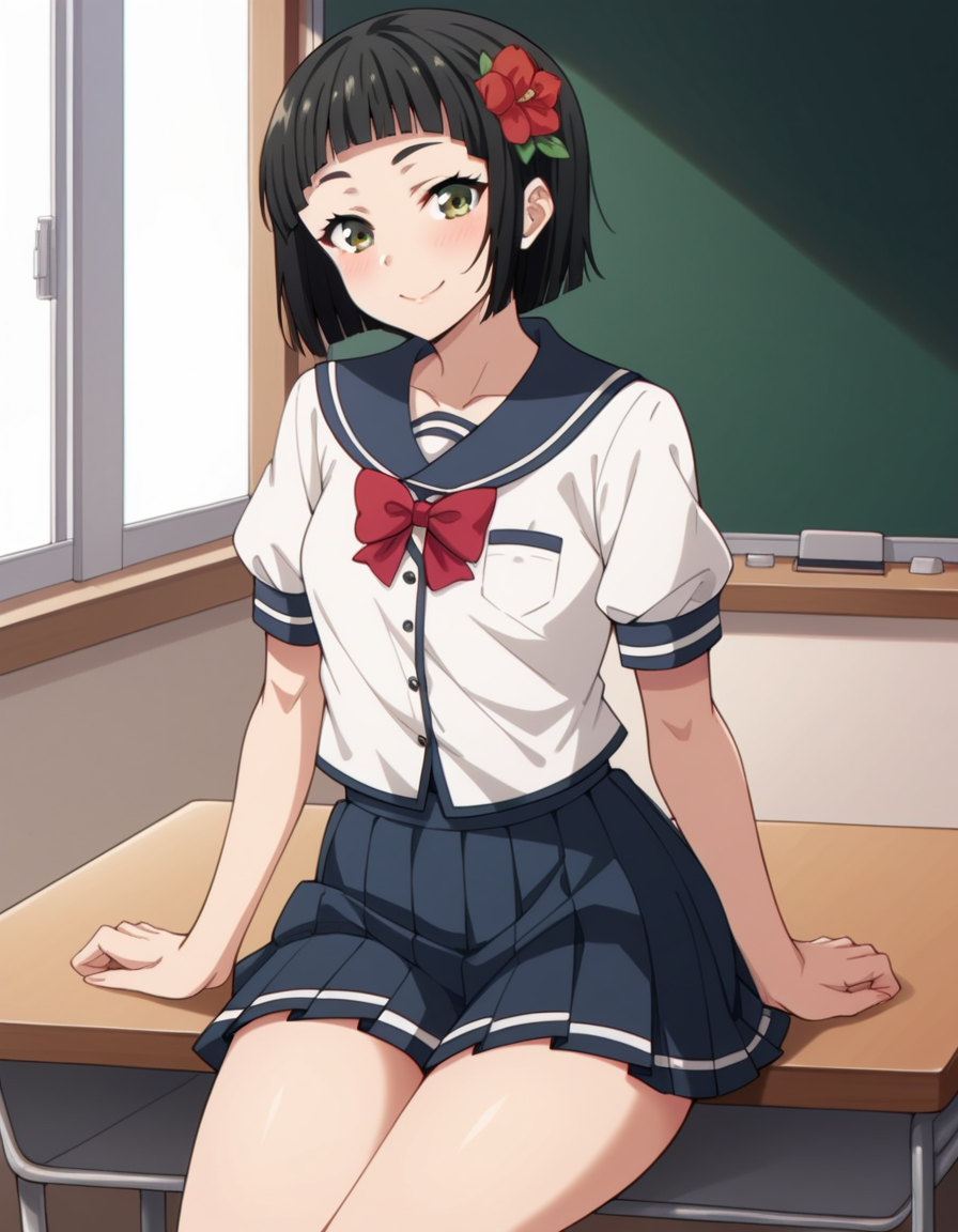 score_9, score_8_up, score_7_up, source_anime, uncensored, <lora:StS_detail_slider_v1:3>, zPDXLxxx, <lora:Chiharu_Youki_PONYXL_VexVexX:1>, ChiharuYouki, 1girl, (brown eyes:1.2), green eyes, black hair, short hair, blunt bangs, hair ornament, hair flower, small breasts, school uniform, serafuku, pleated skirt, red bow, cowboy shot, indoors, from back, Sit at a desk or table, thighs, looking at viewer, smile,