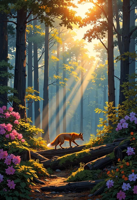 A quiet, mist-laden forest in the Blue Ridge Mountains as dawn breaks. Golden beams of sunlight pierce through the dense canopy of towering trees, illuminating the morning mist that hovers just above the forest floor. The air is thick with the scent of damp earth and wildflowers, with clusters of rhododendrons blooming in shades of deep magenta and soft lilac. A red fox emerges from the undergrowth, its fur glowing subtly in the warm morning light as it carefully steps over a moss-covered log. The forest feels untouched and sacred, a moment of pure stillness before the world awakens.