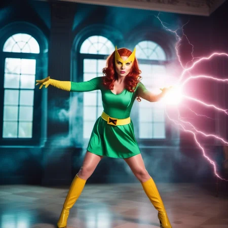 cinematic film still a full body redhead woman wears a green dress and a yellow mask and yellow highboots, powerfull superhero, casting a powerfull spell, dramatic pink ball lightning from hands, old mansion background <lora:MarvelGirl1024:0.8> . shallow depth of field, vignette, highly detailed, high budget, bokeh, cinemascope, moody, epic, gorgeous, film grain, grainy