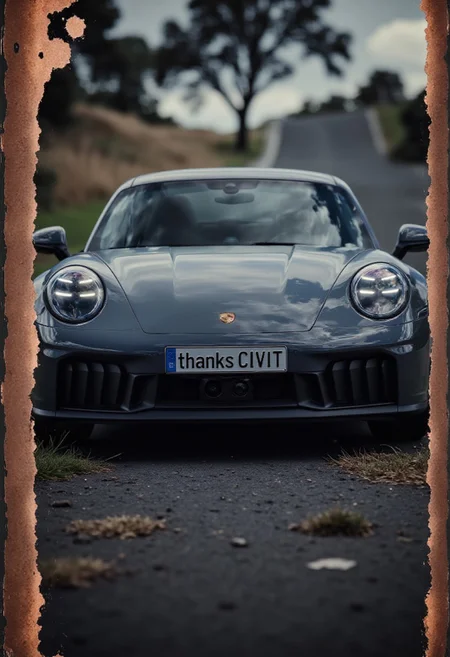 super low camera angle, (masterpiece:1.4), with displayed speed and movement, professional photo, close-up a Porsche 911 GTS miniature car, numberplate reads "thanks CIVIT", epic environment that looks like a movie set, blurry background with dramatic, (natural light:1.2), amazing depth of field, shot on Lumix GH5 (cinematic bokeh , dynamic range, vibrant colors)
detailmaximizer,gaming, magic bronze frame with car parts and details