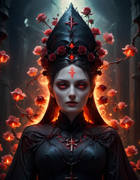 (photorealistic:1.2, Fujifilm XT3) photo of 20 year old beautiful (Nun), corrupted, seduced by the devil, wearing ((demonic) bio nun robes), glowing red eyes, by Henry asencio, by Josephine Wall, <lora:Choker-FFashion-Part1-32.LORA:0.7>, glowing intricate metal choker with runes, <lora:add-detail-xl:2.5>, <lora:DonMD3m0nV31nsXL_v1.1:0.8> ,<lora:PE_NeonSignStyle:0.2>, medium perfect breasts, <lora:betmd2:0.4> betmd,  orchids,  Clovers, roses,  flowers, colorful,  dynamic pose,  levanders <lora:xl_more_art-full_v1:0.4> <lora:takma2:0.3> , (masterpiece:1.2), (epic composition:1.4), (talent:1.2), ultra detailed, cinematic lighting, highly detailed, insanely detailed, (photorealistic:1.2), hdr, 8k, exquisite, sharp, elegant, ambient lighting, high quality