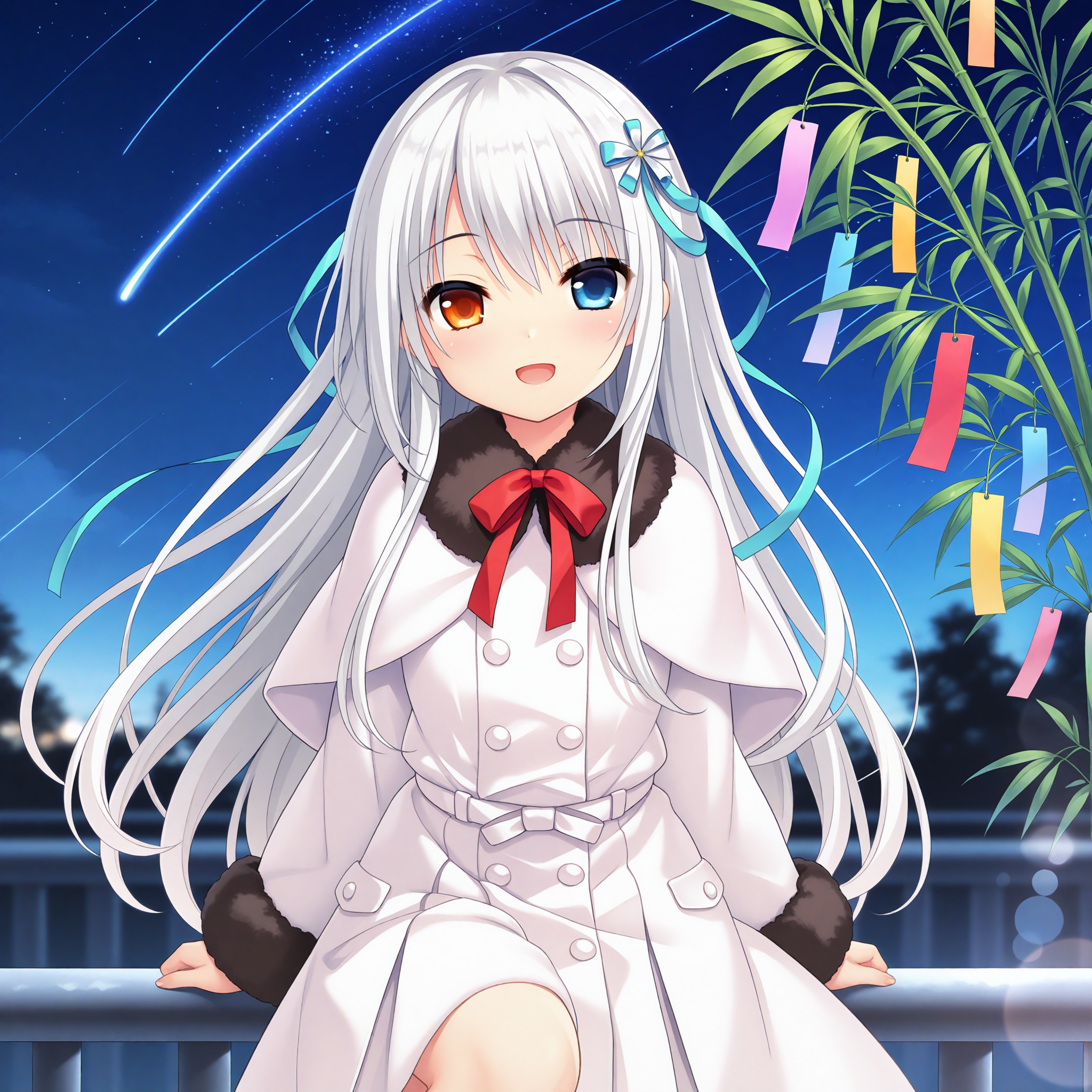<lora:Mado_UT_art_n16c16_nai_loha:1>,Mado UT art,
<lora:Amanogawa_Saya_2_nai:0.8>,Amanogawa Saya,heterochromia,orange eyes,blue eyes,
hair ribbon,aqua ribbon,white ribbon,hair ornament,long sleeves,white coat,fur-trimmed capelet,fur-trimmed sleeves,fur-trimmed coat,neck ribbon,red ribbon,brown fur,white capelet,
1girl,solo,smile,open eyes,open mouth,night,sitting,on railing,knee up,looking_at_viewer,cowboy_shot,tanabata,sky,meteor shower,face_focus,front view,straight-on,depth of field,lens_flare,